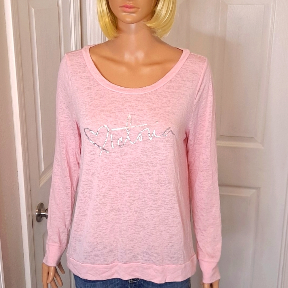 Victoria's Secret Long-Sleeve Pink Crewneck Top with Heart Victoria Logo